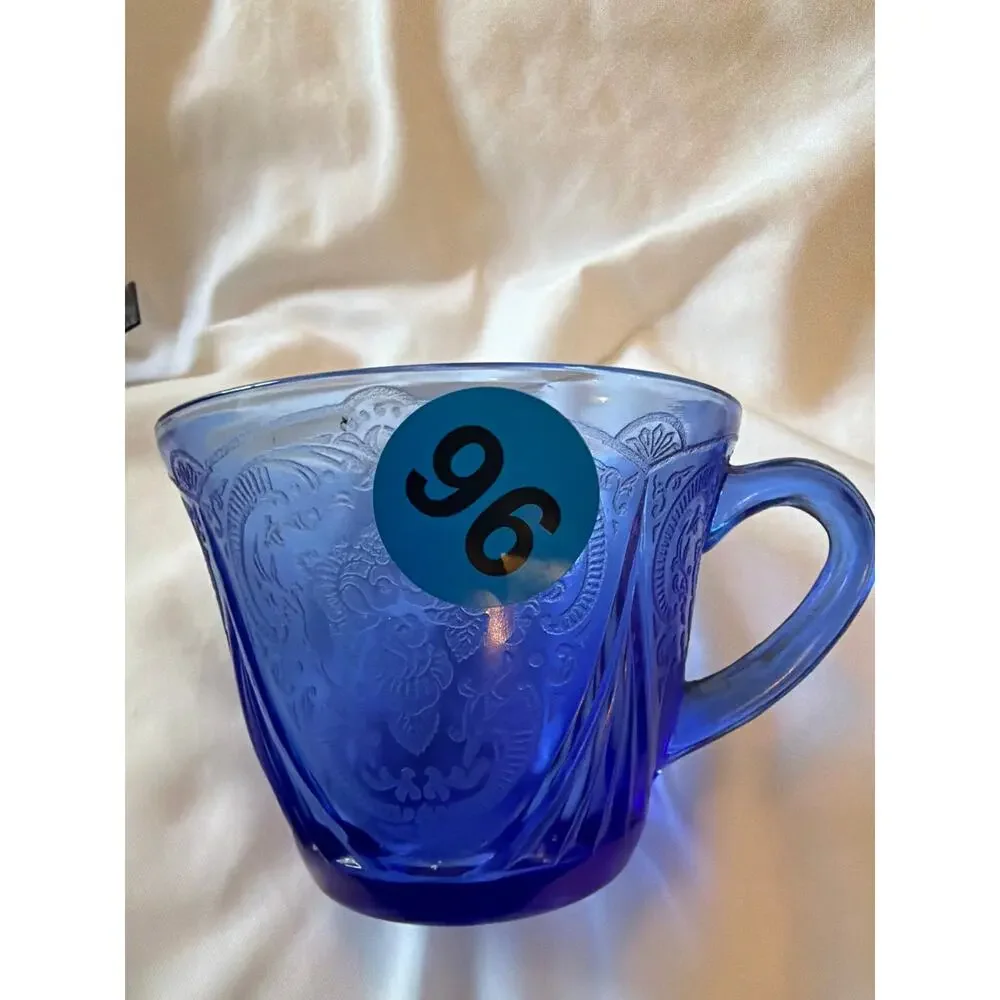 Vintage Cobalt Blue Pressed Glass Mug Cup Embossed Grape Pattern Depression